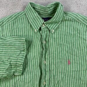Ralph Lauren Shirt Men Large Green 100% Linen Button Down Pink Pony Short Sleeve